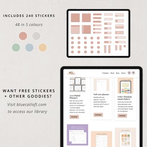 May include: A digital planner website with a variety of planners and stickers. The website is called "BCL Planners" and features a 2021 digital planner, a self-care planner, and color-changing mood stickers. The website also includes a freebie section with free stickers and other goodies.