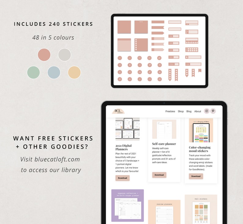 May include: A digital planner website with a variety of planners and stickers. The website is called "BCL Planners" and features a 2021 digital planner, a self-care planner, and color-changing mood stickers. The website also includes a freebie section with free stickers and other goodies.