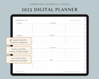 Planificateur numérique 2023 en paysage avec liste de choses à faire, modèle de bonnes notes de journal de balle pour téléchargement numérique, planificateur hebdomadaire avec autocollants