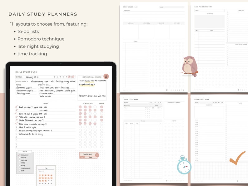 May include: A digital planner with 11 layouts for daily study planning. The planner features to-do lists, Pomodoro technique, late night studying, and time tracking. The planner includes a motivational section, a reward section, and a section for tracking progress.