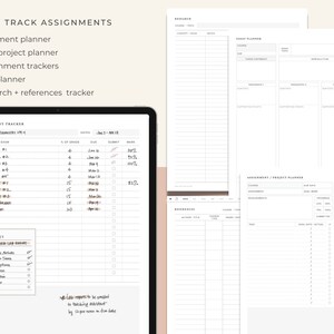May include: A printable planner for tracking assignments and projects. The planner includes sections for assignment trackers, a project planner, an essay planner, and a research and references tracker. The planner is designed to help students stay organized and on top of their schoolwork.
