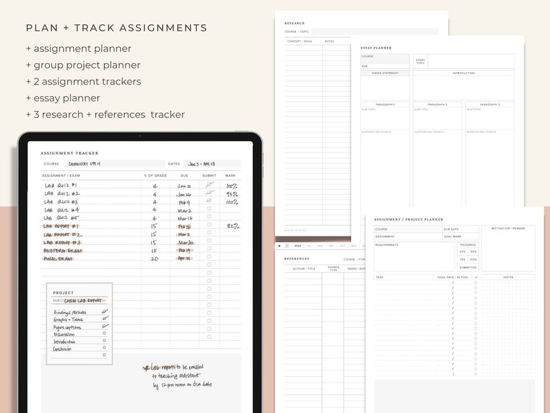 May include: A printable planner for tracking assignments and projects. The planner includes sections for assignment trackers, a project planner, an essay planner, and a research and references tracker. The planner is designed to help students stay organized and on top of their schoolwork.