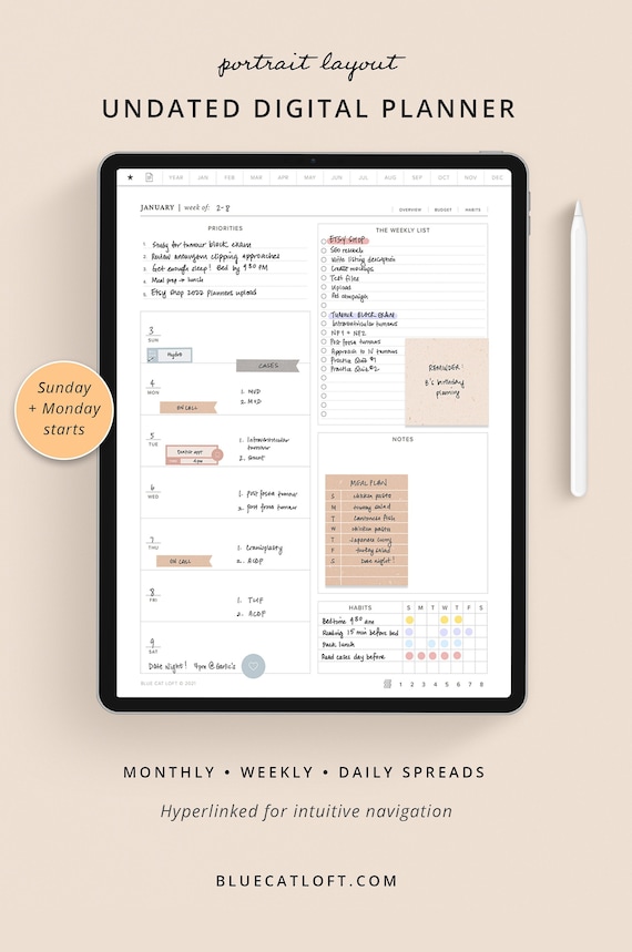 Undated planner with daily, weekly, and monthly layouts, GoodNotes planner with digital stickers in bullet journal style with habit tracker