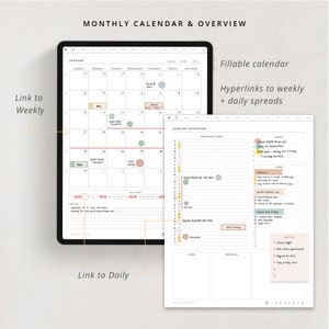 May include: A digital planner with a monthly calendar and overview section. The monthly calendar has links to weekly and daily spreads. The overview section includes important dates, goals, tasks, and notes.