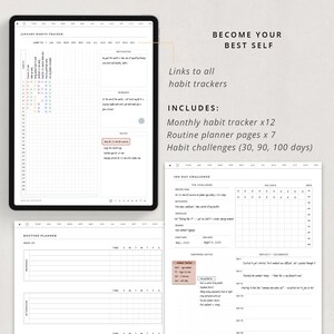 May include: A printable digital planner with a minimalist design. The planner includes a monthly habit tracker, routine planner pages, and habit challenges for 30, 90, and 100 days. The planner is designed to help you become your best self.