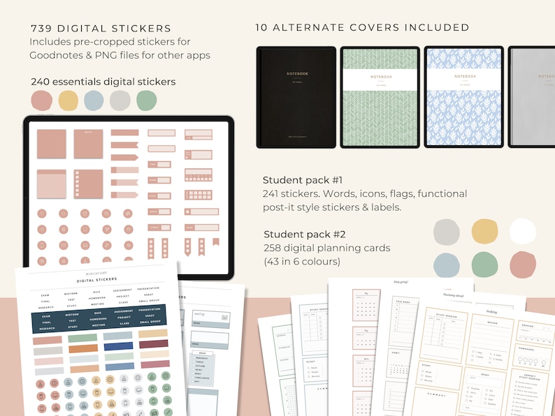 May include: A digital planner with 739 stickers, including 240 essential stickers, 241 student pack stickers, and 258 planning cards. The planner comes with 10 alternate covers. The stickers are pre-cropped for Goodnotes and PNG files for other apps.