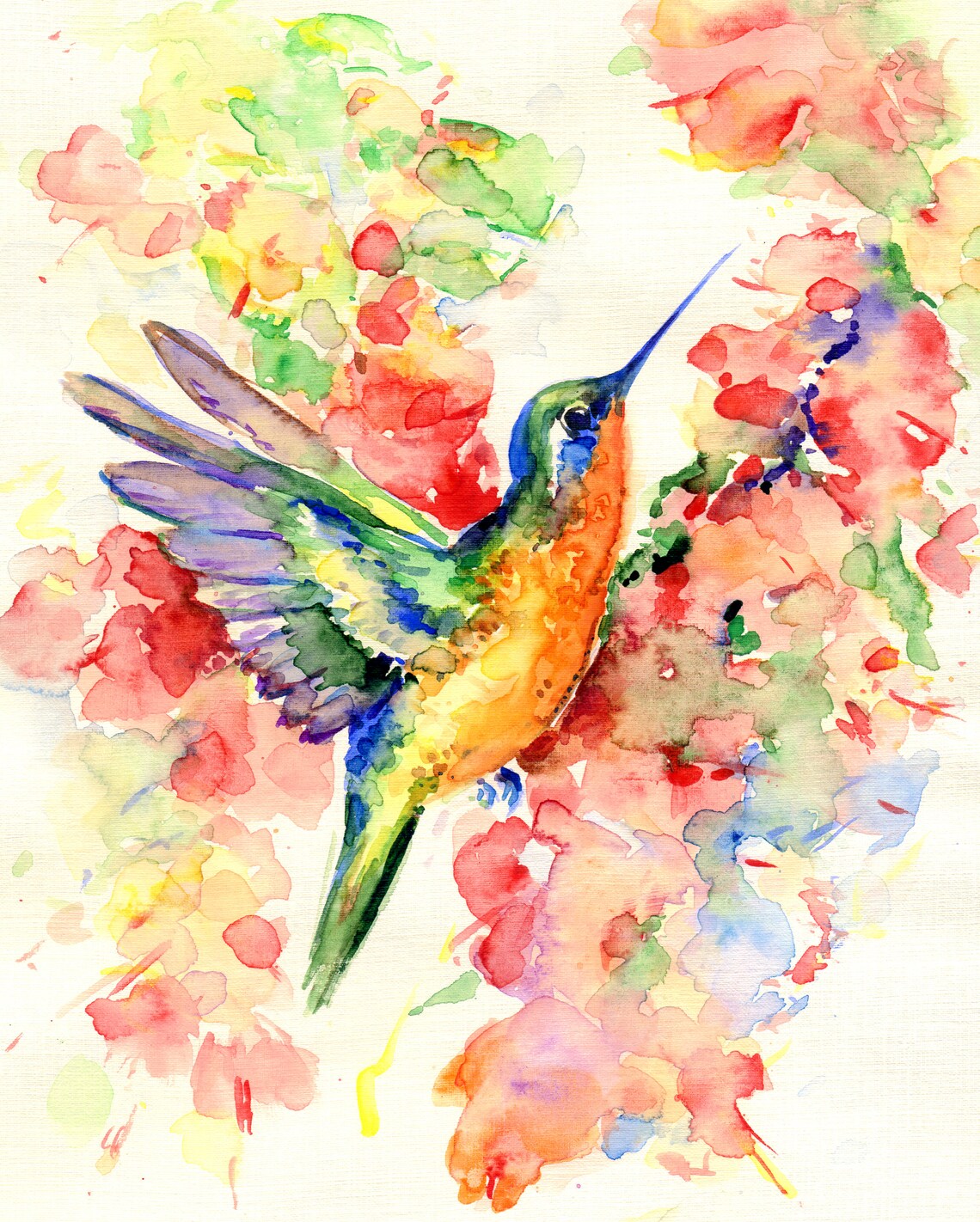 128 Hummingbird and flowers ORIGINAL watercolor painting Etsy