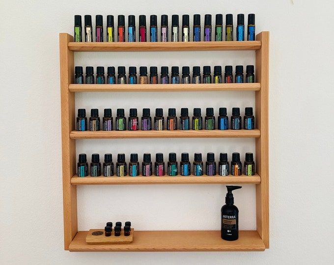 Multi oil wall shelf - display for e.g. DoTERRA wooden stand for 28+17+17 oil bottles of essential oils made of beech wood