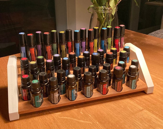 Storage of essential oils display for e.g. DoTERRA wooden stand, shelf for 15 oil bottles 15ml, 5ml + RollOns in oak wood