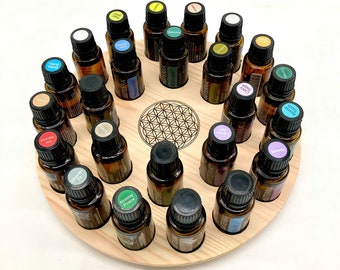 Round oil stand with flower of life (lasered) for 24 x 15ml e.g. for Doterra oils storage oil bottles essential oils made of pine wood