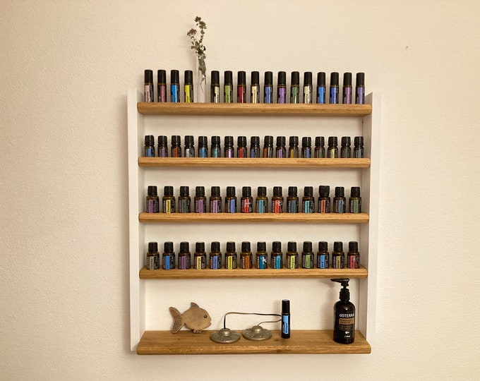 Multi oil wall shelf - display for e.g. DoTERRA wooden stand for 28+17+17 oil bottles essential oils oak wood