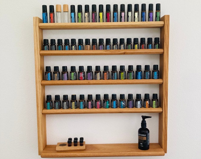 Multi Oils Wall Shelf - Display for e.g. DoTERRA Wooden Stand for 28+17+17 Oil Bottles Essential Oils Oak Wood