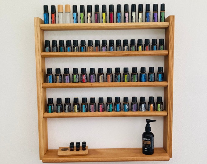 Multi oil wall shelf - display for e.g. DoTERRA wooden stand for 28+17+17 oil bottles essential oils oak wood