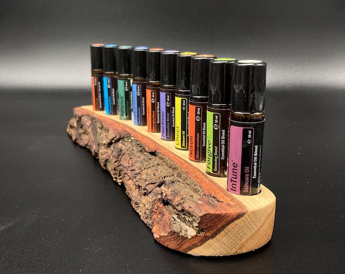 Beautifully curved, unique piece made of oak wood with bark, for 10 oil roll-ons (10ml), suitable for e.g. doTERRA essential oils.
