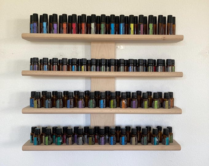 Multi Oils Wall Shelf - Display for essential oil bottles such as Doterra - Wooden stand for 54+31+31 oil bottles made of beech wood