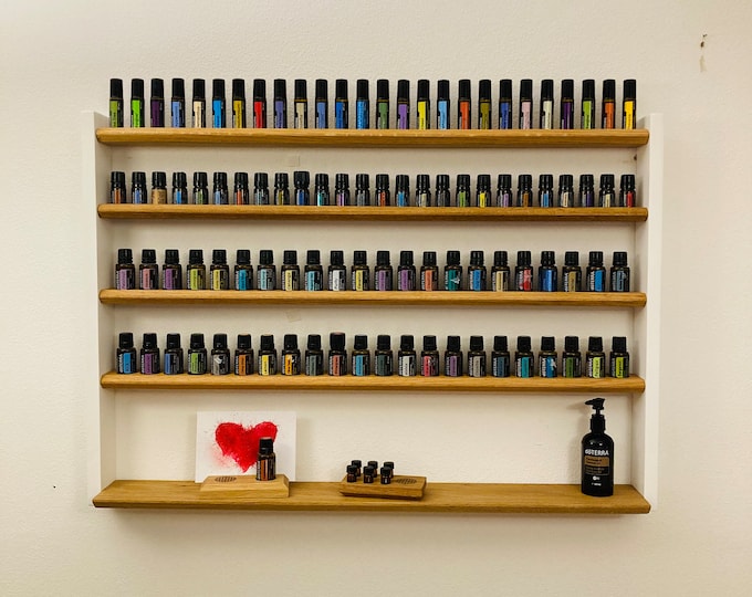 Multi oil wall shelf - display for e.g. DoTERRA wooden stand for 44+26+26 oil bottles essential oils oak wood