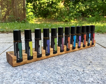 Unique 12-piece oil organizer - e.g. for Doterra oils Display made of olive wood for RollOns Essential Oils 10ml (22 mm diameter) with bark