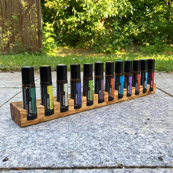 Unique 12-piece oil organizer - e.g. for Doterra oils Display made of olive wood for RollOns Essential Oils 10ml (22 mm diameter) with bark