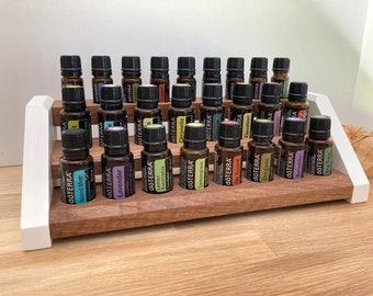 Storage of essential oils display for e.g. DoTERRA wooden stand, shelf for 16 oil bottles 15ml + 9 bottles 5ml in oak wood