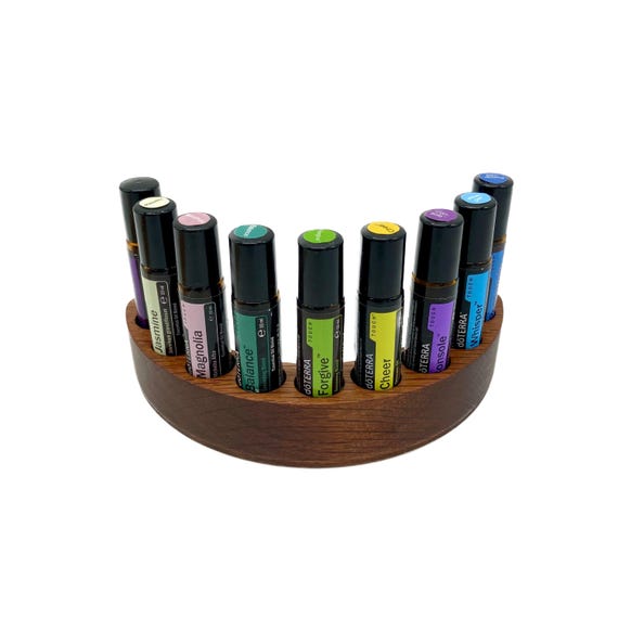 9 semi-circular oil organizer made of smoked oak for e.g. Doterra oils, for oil bottles essential oils 10ml bottle holder + glass vase