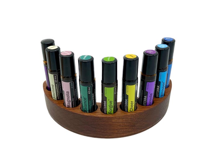9 semi-circular oil organizer made of smoked oak for e.g. Doterra oils, for oil bottles essential oils 10ml bottle holder + glass vase