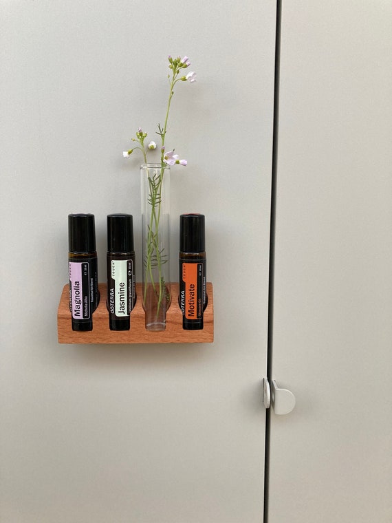 4-piece essential oil organizer with magnet for hanging or standing, with vase, wooden holder, doTerra essential oils 10ml roll-on