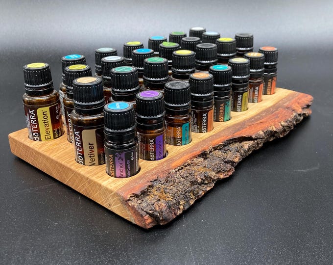 Unique piece with natural edge made of oak wood for Doterra oils wooden holder for 20 oil bottles of 15ml essential oils + 8 x 5ml bottles