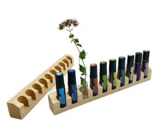 Oils organizer stand made of ash wood for 10 e.g. Doterra oils roll ons 22 mm diameter for oil bottles essential oils + glass vase