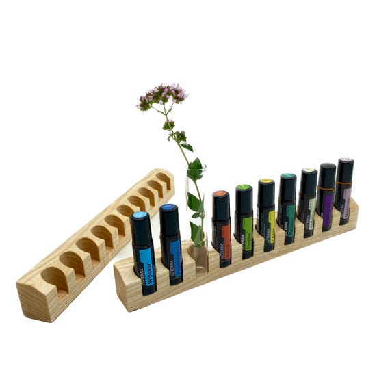 Oils organizer stand made of ash wood for 10 e.g. Doterra oils roll ons 22 mm diameter for oil bottles essential oils + glass vase