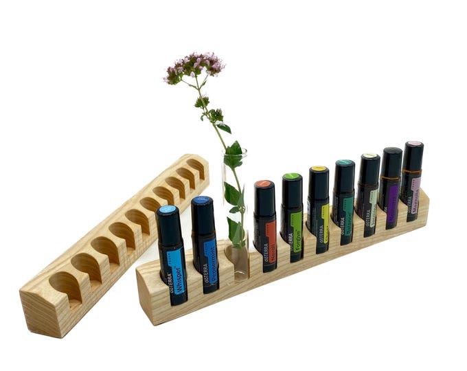 Oils organizer stand made of ash wood for 10 e.g. Doterra oils roll ons 22 mm diameter for oil bottles essential oils + glass vase