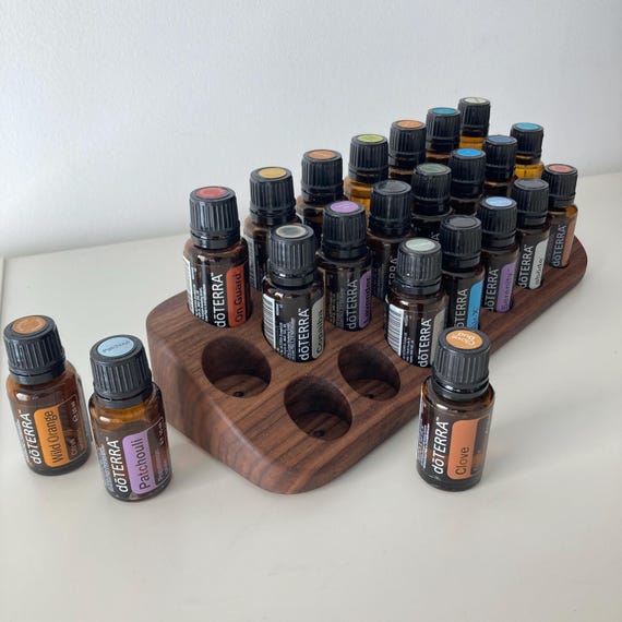 Walnut wood display stand - for example, for doTERRA oils, holding 22 x 15ml essential oil bottles.