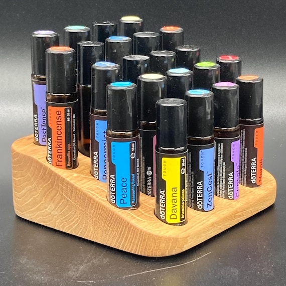 Beautiful oak wood holder for 22 oil roll-ons (10ml), suitable for e.g. doTERRA essential oils.