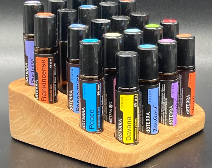 Beautiful oak wood holder for 22 oil roll-ons (10ml), suitable for e.g. doTERRA essential oils.