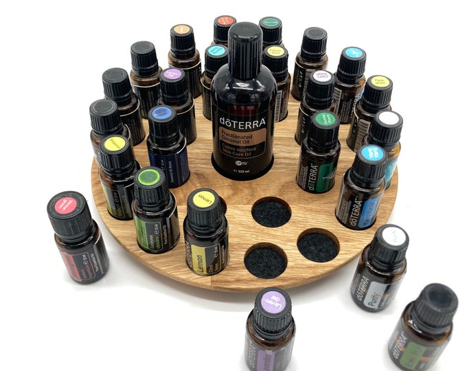 Round oil stand for e.g. 24 x 15ml Doterra oil storage oil bottles essential oils made of oak wood