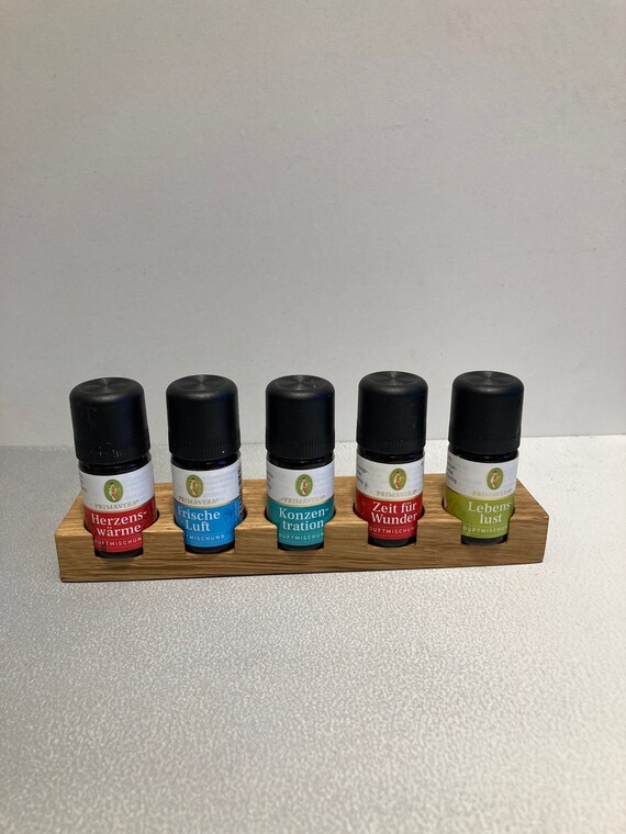 5-bottle oil organizer for e.g. Primavera oils, made of oak wood, stand for essential oils, wooden holder 26 mm diameter for oil bottles