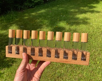 Pack of 10 oil organizer stands for Doterra oils, wooden holder for oil bottles, essential oils, 10 ml bottle holder + glass vase