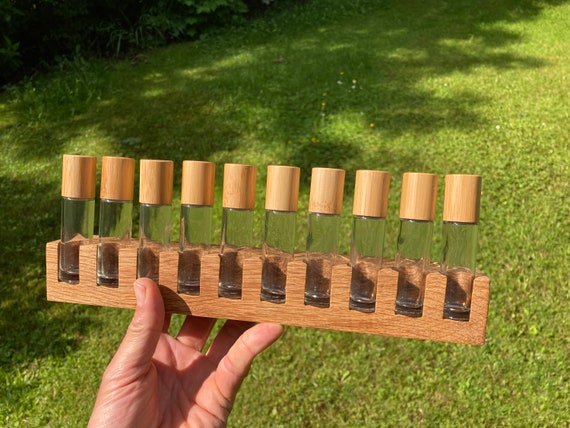 Pack of 10 oil organizer stands for Doterra oils, wooden holder for oil bottles, essential oils, 10 ml bottle holder + glass vase