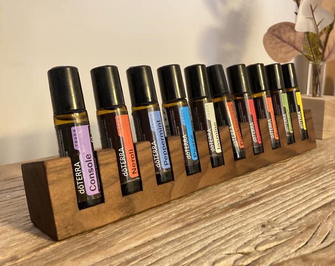 10-bottle display stand for doTERRA oils, wooden holder made of walnut for 10ml essential oil bottles