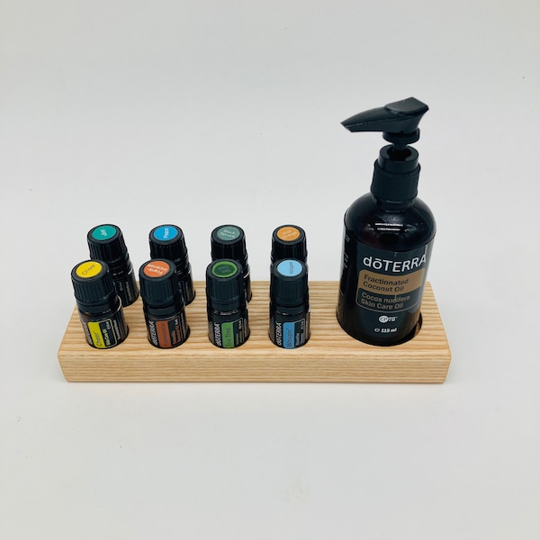 Présentoir pour huiles Doterra support en bois de frêne pour 8 bouteilles d'huiles essentielles de 5ml + huile de coco fractionnée