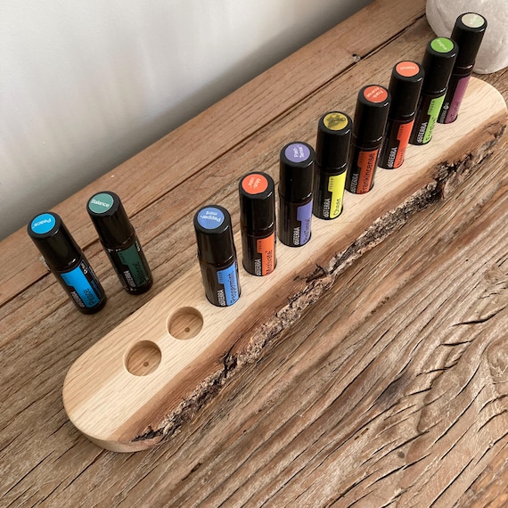 Beautifully curved holder made of untreated oak wood for 10 oil roll-ons (10ml), suitable for storing essential oils such as doTERRA.