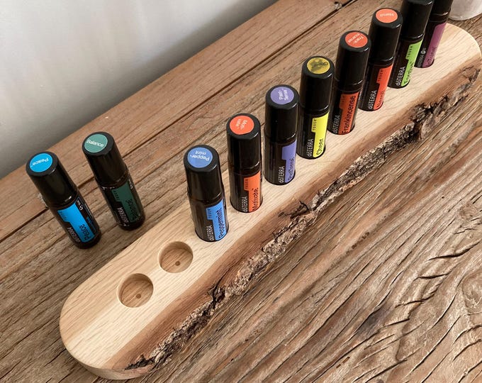 Beautifully curved holder made of untreated oak wood for 10 oil roll-ons (10ml), suitable for storing essential oils such as doTERRA.