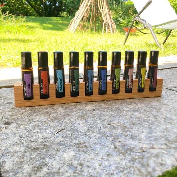 10er Oils Stand for Doterra Oils Wooden Holder Unique Piece Made of Linden Wood for Oil Bottles Essential Oils 10ml Bottle Holder + Glass Vase