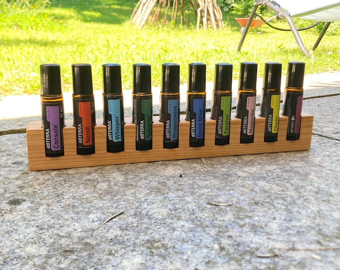 10er Oils Stand for Doterra Oils Wooden Holder Unique Piece Made of Linden Wood for Oil Bottles Essential Oils 10ml Bottle Holder + Glass Vase