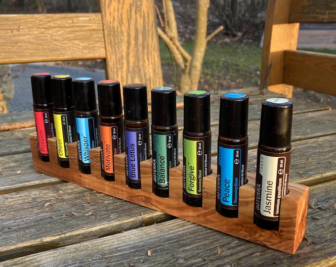 Single piece - stand for 9 Doterra oils RollOns Display for oil bottles Essential oils made of olive wood + glass vase