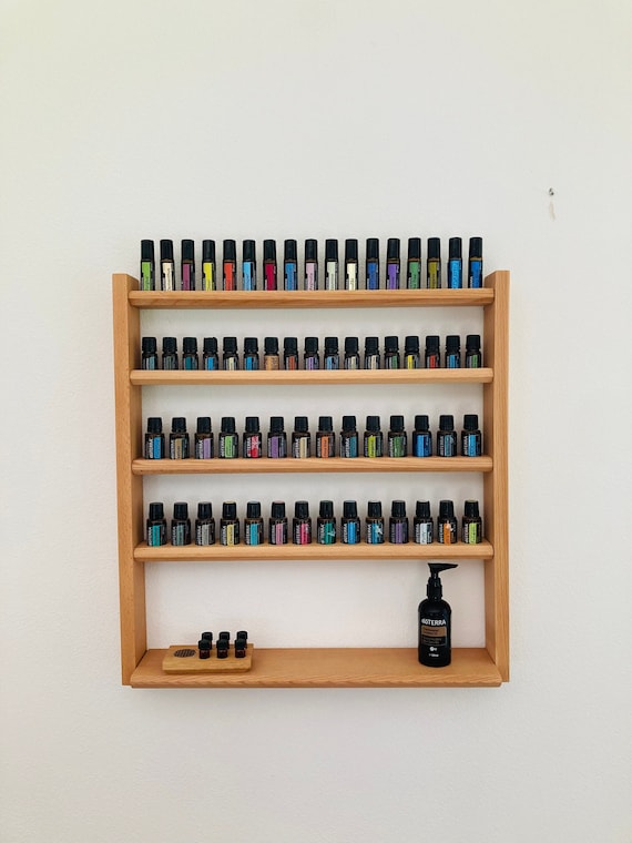 Multi oil wall shelf - display for e.g. DoTERRA wooden stand for 28+17+17 oil bottles of essential oils made of beech wood
