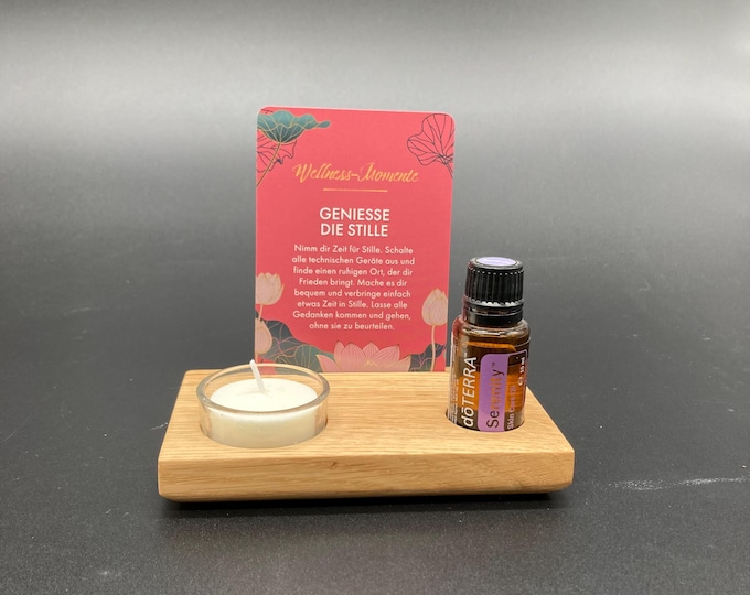 Display for affirmation card or tarot card, tealight in a glass, oil of the day e.g. from Doterra made of oak wood + 3 tealights