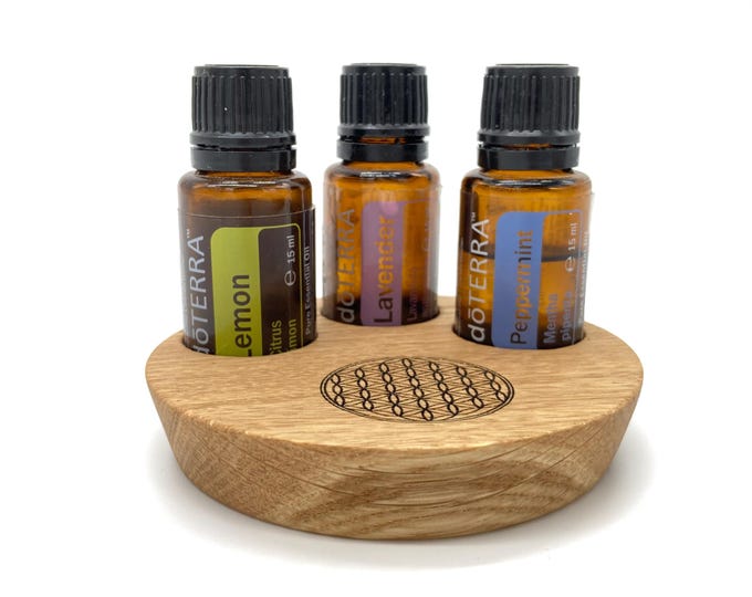 The 3-piece entry-level model with flower of life made of oak wood oil organizer stand for e.g. Doterra oils, or other essential oils