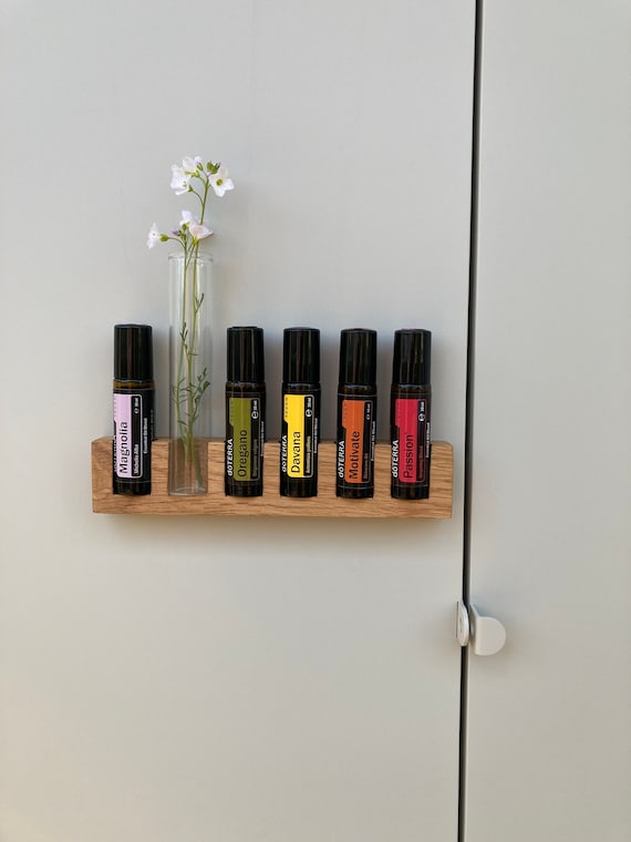 6-piece essential oil organizer with magnet for hanging or standing, with vase, wooden holder (22 mm diameter), 10 ml roll-on bottle
