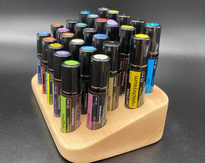 Beautiful beechwood holder for 27 oil roll-ons (10ml), suitable for e.g. doTERRA essential oils.