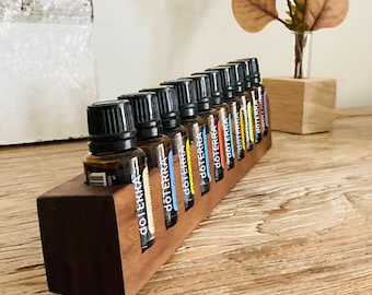 10-piece organizer made of finest walnut wood, for example for doTERRA oils. Wooden holder for 15ml essential oil bottles.